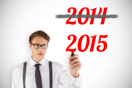 Geeky businessman writing with marker against white background with vignette