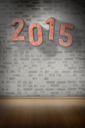 Wooden 2015 against room with brick wallの写真素材