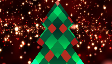 Hipster christmas tree against red and gold glittering lightの写真素材