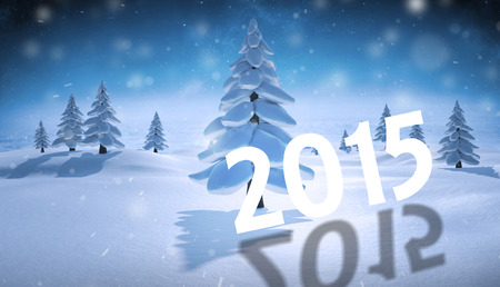 2015 against snowy landscape with fir trees