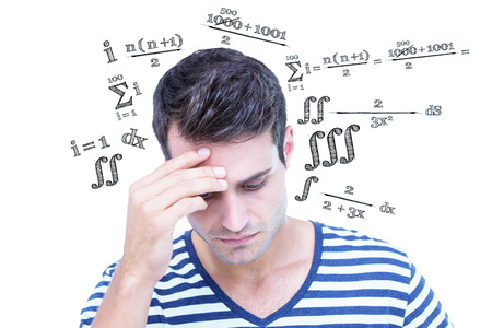 Close up of sad hipster with one hand on head against maths equationの写真素材