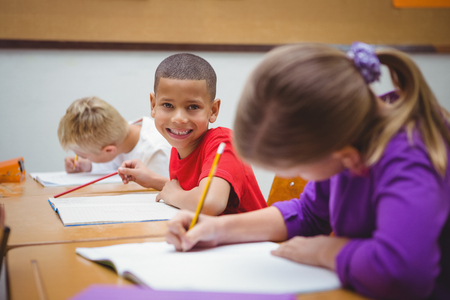 Students smiling and looking at the camera at the elementary schoolの写真素材