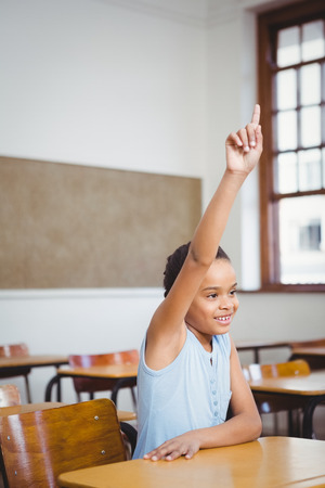 Smiling student sitting at a desk with raised arm at the elementary schoolの写真素材