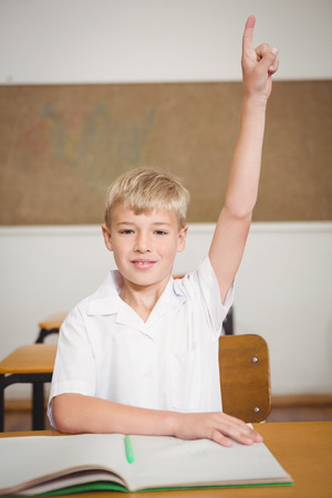 Student raising hand to ask question at the elementary schoolの写真素材