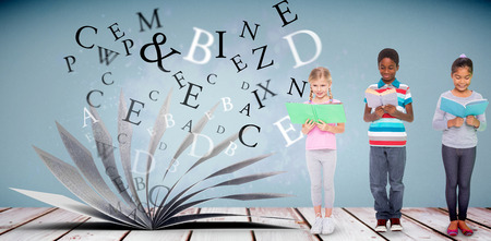 Elementary pupils reading against light design shimmering on purple