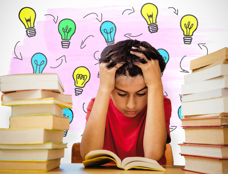 Tensed boy sitting with stack of books against white background with vignette