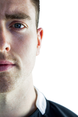 Close up view a rugby player looking at the cameraの写真素材