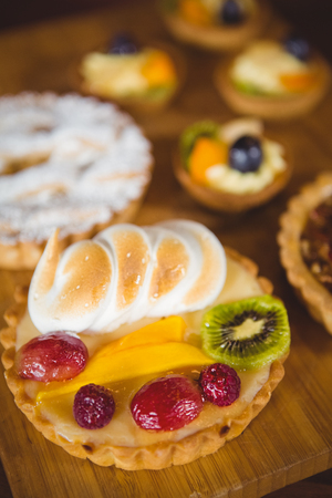 Close up view of fruit pies at coffee shopの写真素材