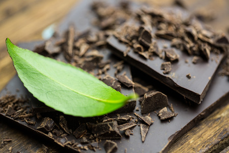 Close up view of chocolate with mint on a wooden table
