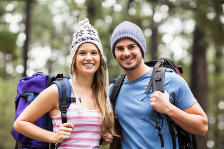 Portrait of a young happy hiker couple in the natureの写真素材