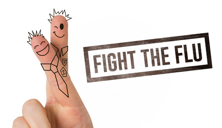 Fingers posed as students against flu shot messageの写真素材