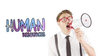 Geeky businessman shouting through megaphone against human resourcesの写真素材