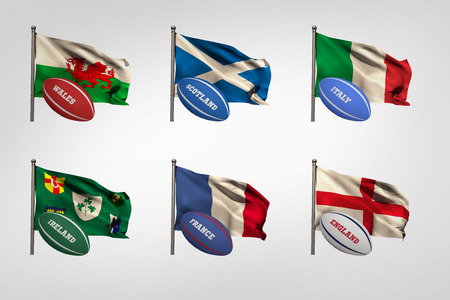 Six nations flags with names rugby balls beside themの写真素材