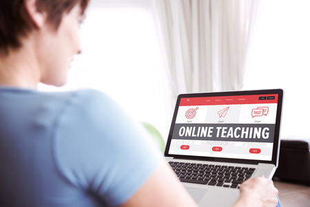Pregnant woman using her laptop against online teaching interface