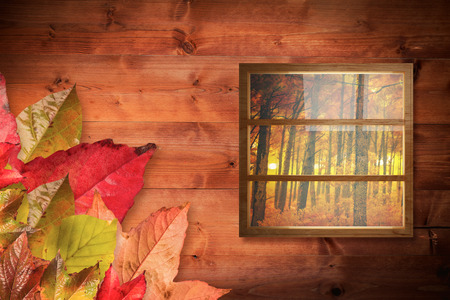 Composite image of closed glass window against autumn sceneの写真素材