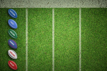 Six nations rugby balls against pitch with lines