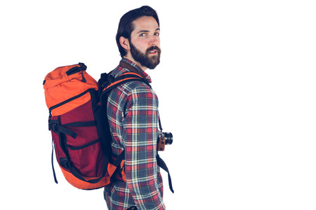 Portrait of hiker against white background