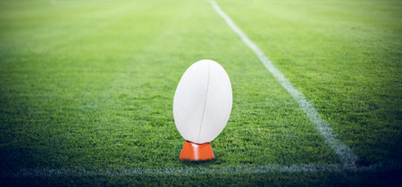 rugby ball against pitchの写真素材