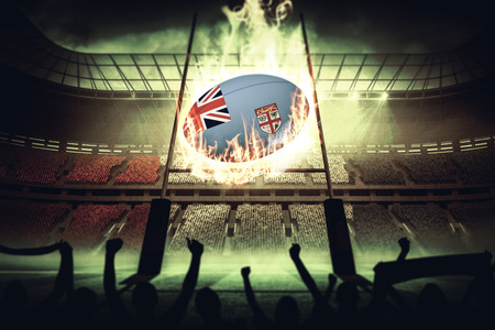 Silhouettes of football supporters against rugby pitchの写真素材