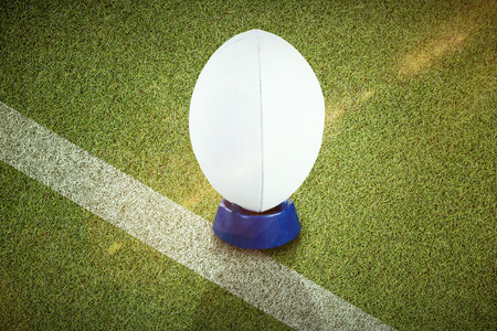 rugby ball against pitch with lineの写真素材