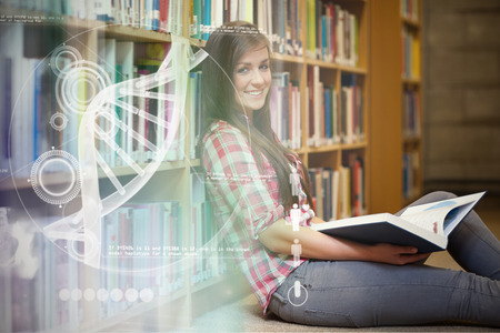 Illustration of DNA against smiling young female student holding a book