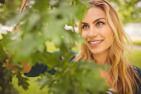Smiling woman standing by tree with leaves on foreground at parkの写真素材