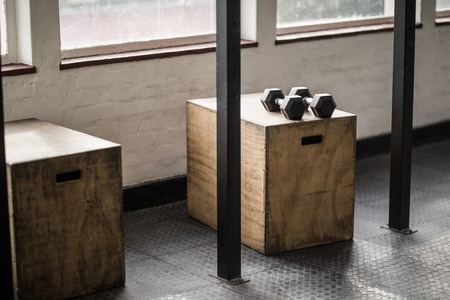 Two dumbbells near each other on a box in crossfit gymの写真素材