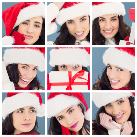 Composite image of unsure brunette in santa hat packing gifts