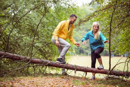 Friends having fun on a hike in the countrysideの写真素材