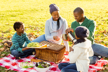 Young smiling family doing a picnic on an autumns dayの写真素材