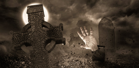 Digitally generated Zombie hand bursting from the grave