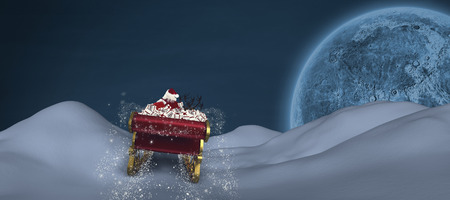 Santa flying his sleigh against bright moon over parisの写真素材
