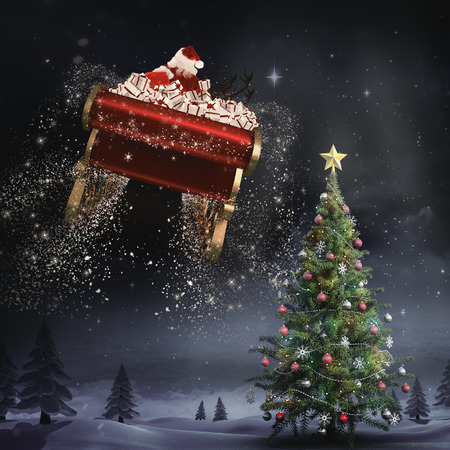 Santa flying his sleigh against forest at night with christmas tree Santa flying his sleigh against forest at night with christmas tree