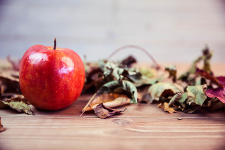 Red apple with autumn leaves on deskの写真素材