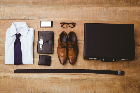 View of stuff for a businessman on wood plankの写真素材