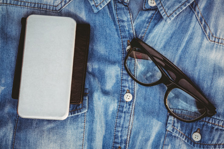 Close up view of hipster man stuff on a jeansの写真素材