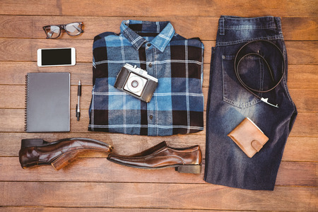 Close up view of hipster man stuff on wood plankの写真素材