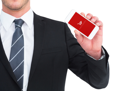 Businessman showing his smartphone screen against payment successful screenの写真素材