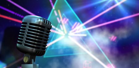 Digitally generated retro chrome microphone against digitally generated laser lights backgroundの写真素材