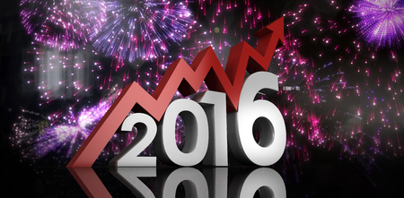2016 graphic against white fireworks exploding on black background
