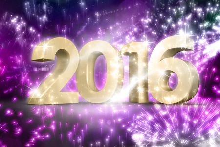 2016 graphic against colourful fireworks exploding on black backgroundの写真素材