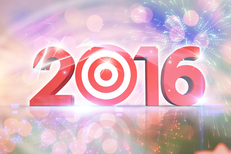2016 graphic against colourful fireworks exploding on black backgroundの写真素材
