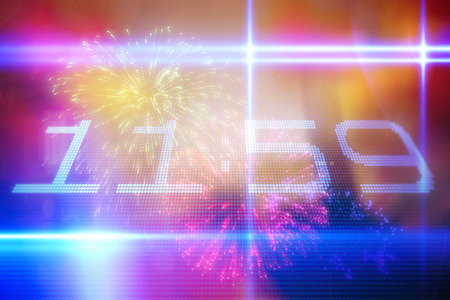 1159 on tech background against colourful fireworks exploding on black backgroundの写真素材