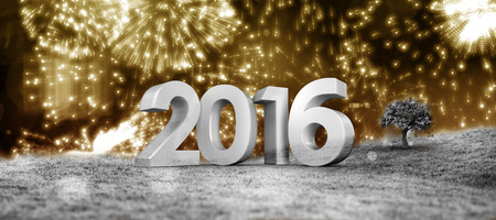 2016 graphic against colourful fireworks exploding on black backgroundの写真素材