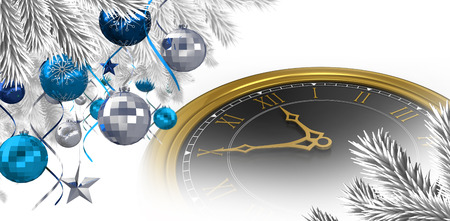 Christmas tree decorated with golden ornaments against large clock
