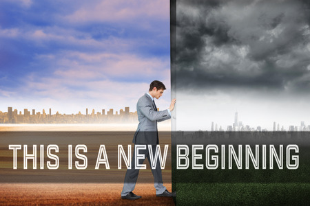 Motivational new years message against composite image of businessman pushing away scene