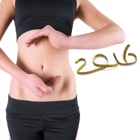 Woman with hands over belly against white background with vignette