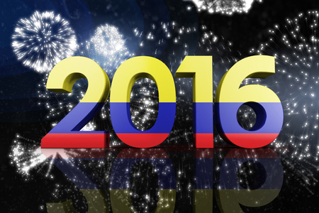 2016 graphic against white fireworks exploding on black backgroundの写真素材