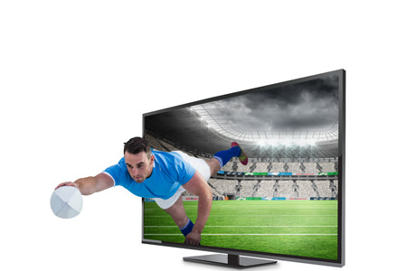 Rugby player scoring a try against rugby stadium