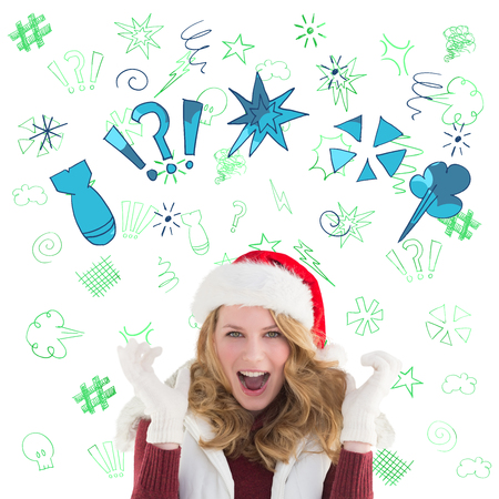 Blonde woman in santa hat screaming at camera against swearing doodlesの写真素材